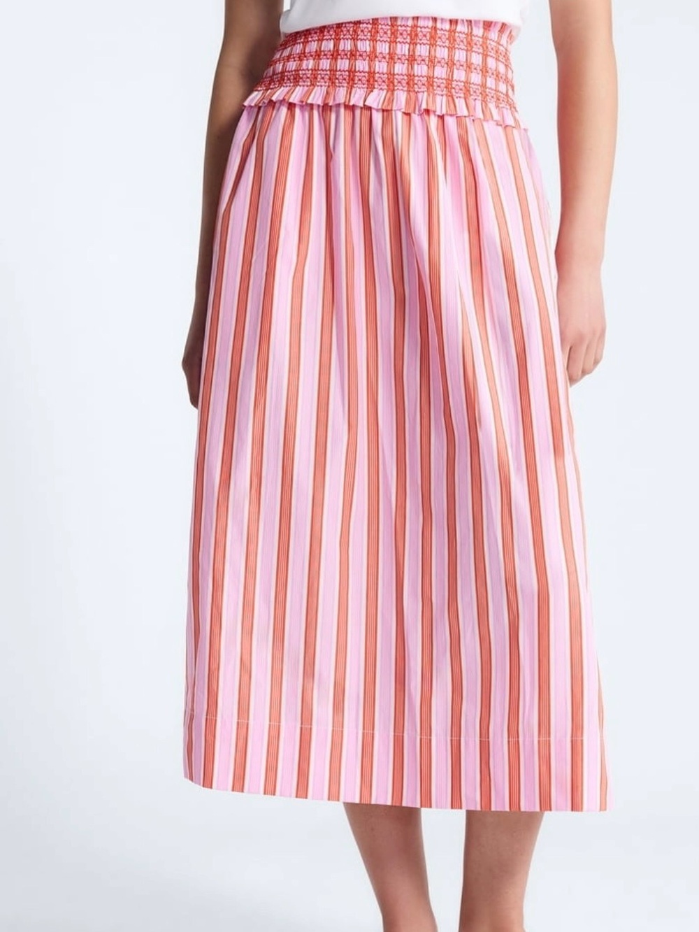 NWT Free Assembly Striped Pink & Coral Midi Skirt with Smocked Waist